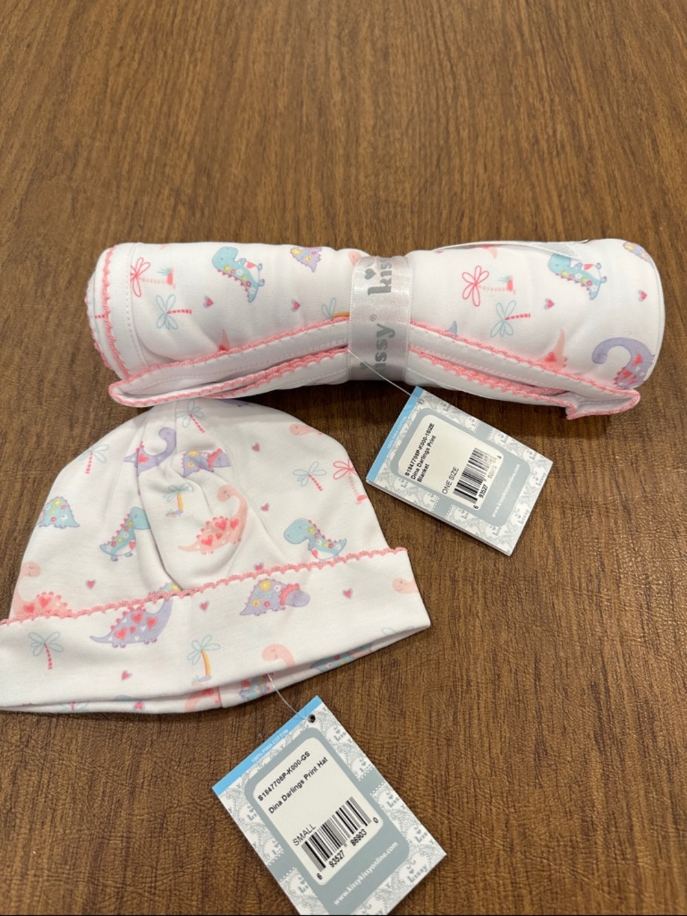 Kissy Kissy White Baby Hat & Blanket Set with Pink, Purple, Blue Dino Print